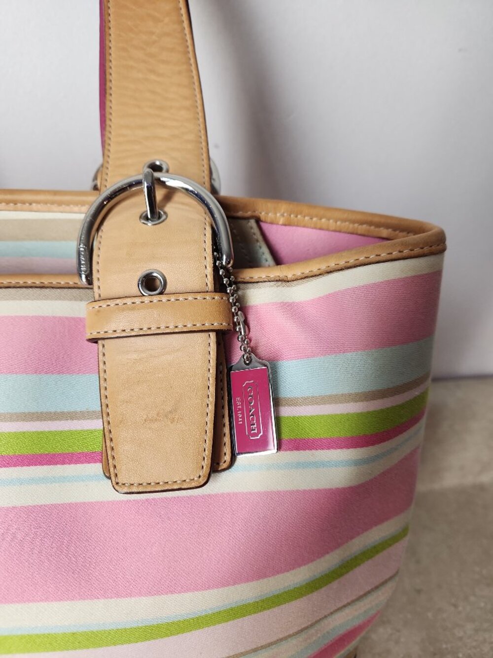 vintage Coach Hampton Stripe Canvas Tote Bag Vachetta leather trim M05S-5175 - Picture 4 of 16